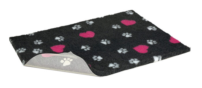 Non-Slip Vetbed - Charcoal With Cerise Hearts And White Paws
